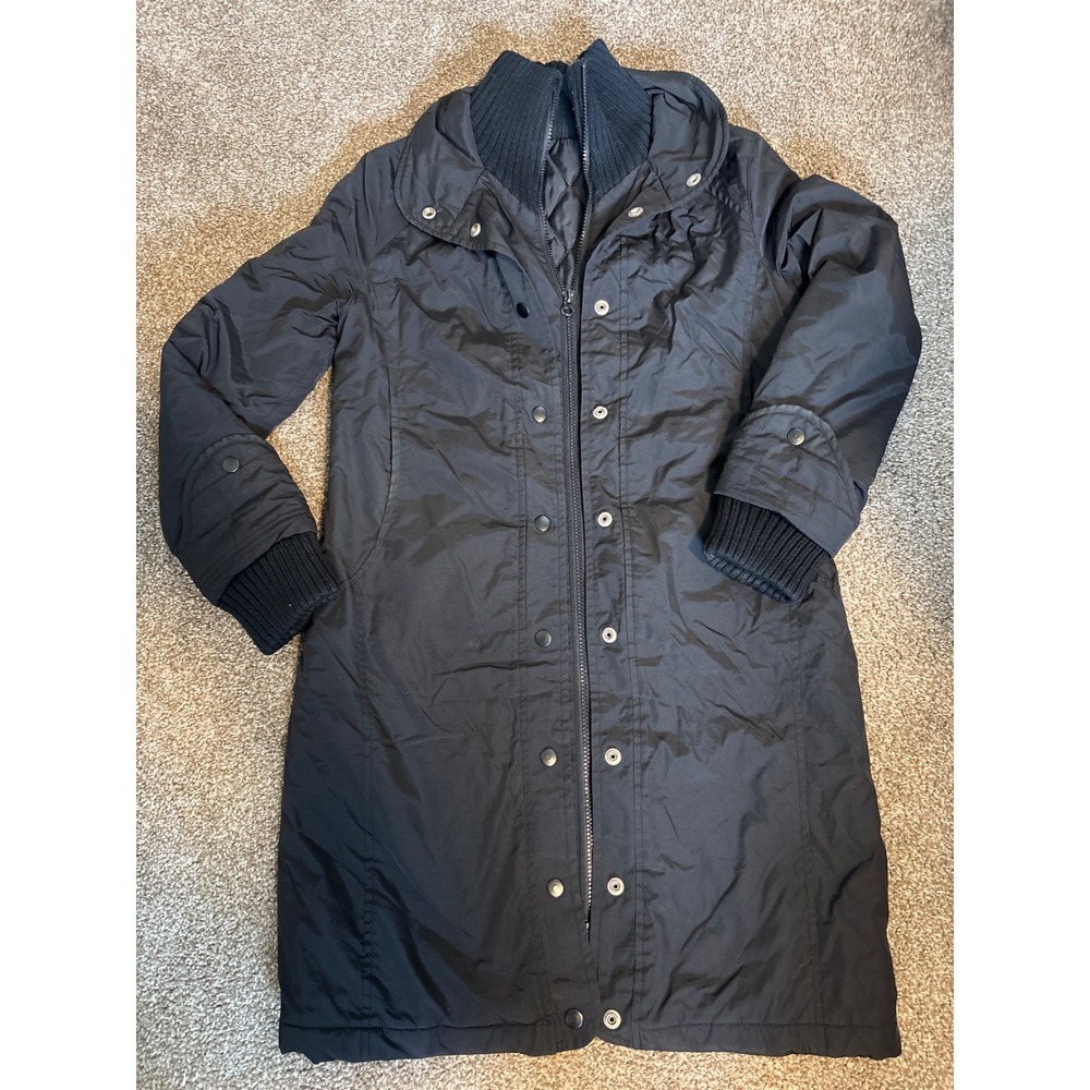 Barak Quilted Puffer Jacket Womens Black Longline Ribbed Trim Zip Snap Coat